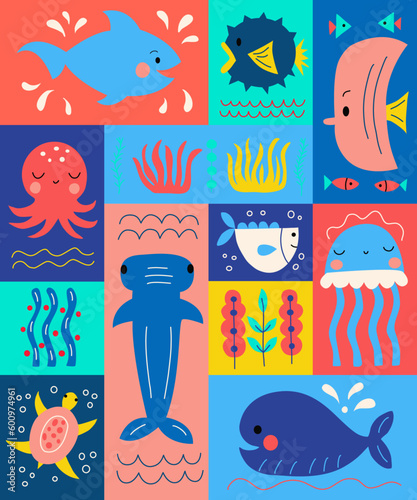 Graphic poster with cute funny sea animals. vector gaphics for prints on pillows mugs bags postcards. Bright summer illustration perfect for childrens parties.