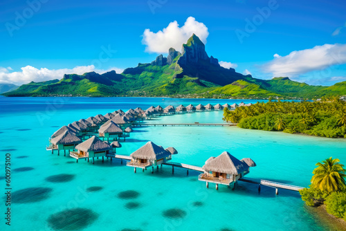 Fotografia A peaceful and tranquil lagoon in Bora Bora, French Polynesia, with crystal-clea