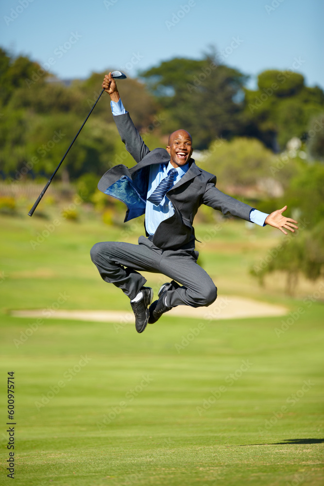 Man, golf and jump for celebration, excited face or portrait for winning, achievement or goal outdoor. African businessman, golfer and corporate winner at sport pitch with suit, freedom or fitness Man, golf and jump for celebration, excited face or portrait for winning, achievement or goal outdoor. African businessman, golfer and corporate winner at sport pitch with suit, freedom or fitness