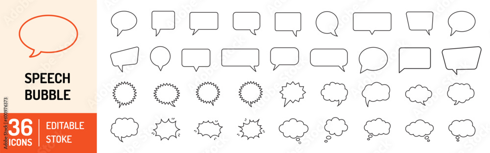 Speech bubbles thin line icons set. Speech, bubble, talk, chat, message, balloon and communication. Vector design. - obrazy, fototapety, plakaty 