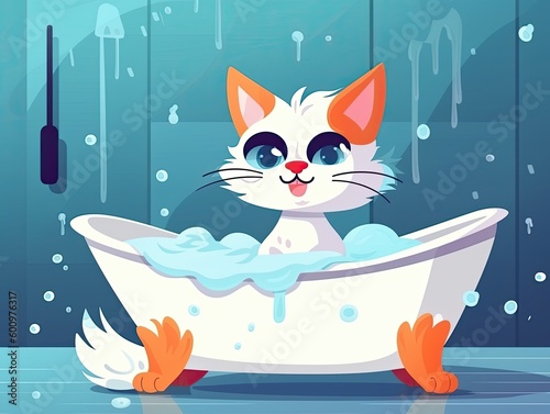 Generative AI illustration of funny cartoon cat with fluffy fur and blue eyes sitting in bath with bubbles and water in bathroom