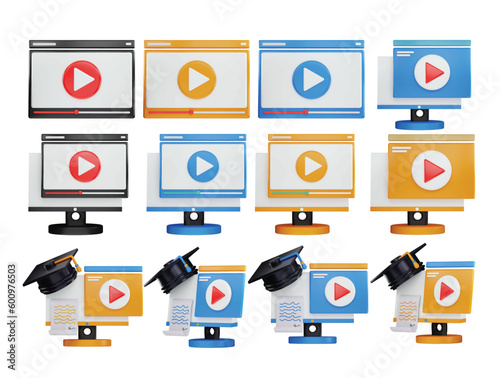 A series of computer monitors with a play button on the screen media player icon set 3d rendering