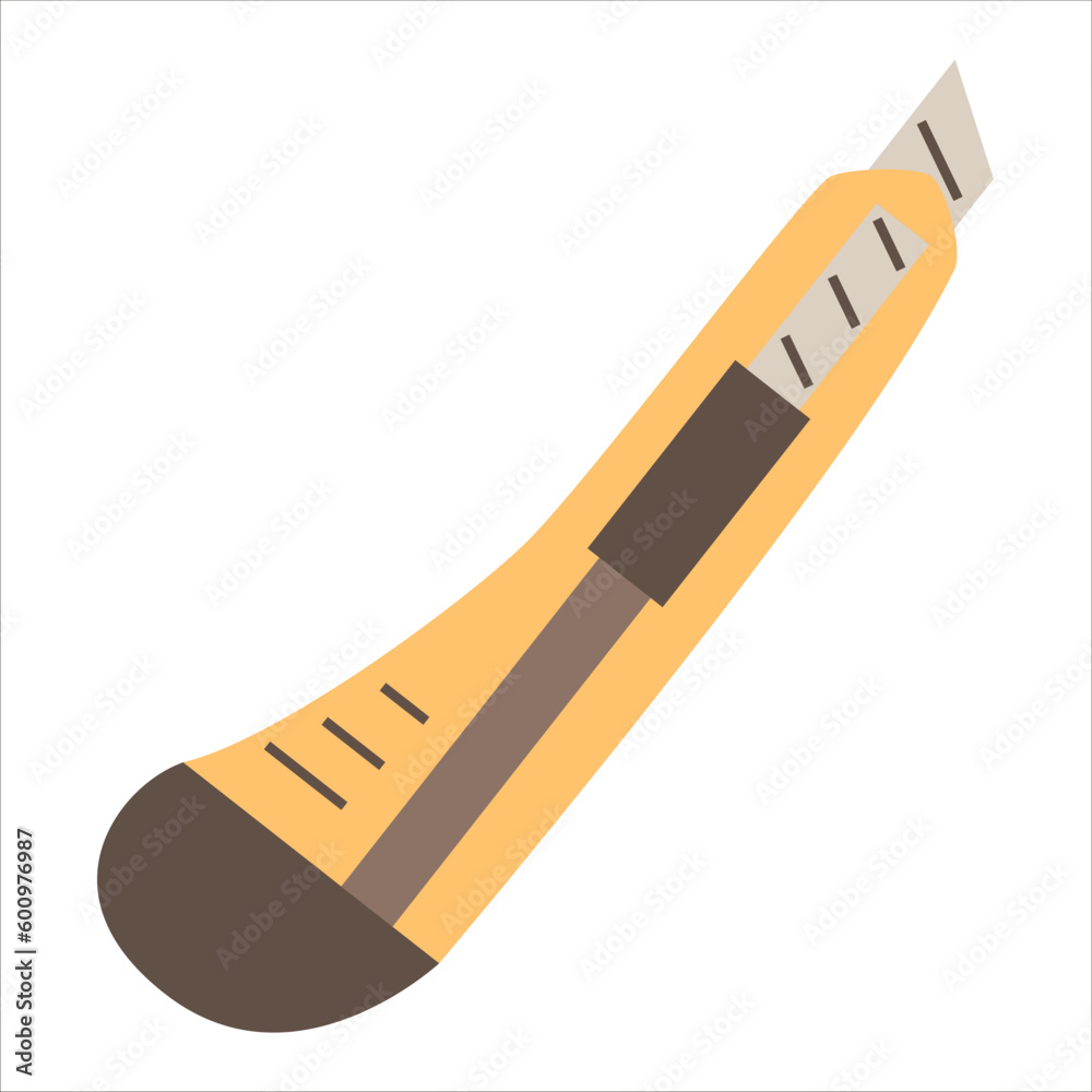 Utility knife vector isolated. Illustration of a sharp tool made of steel blade and plastic. Yellow stationery knife, dangerous equipment.