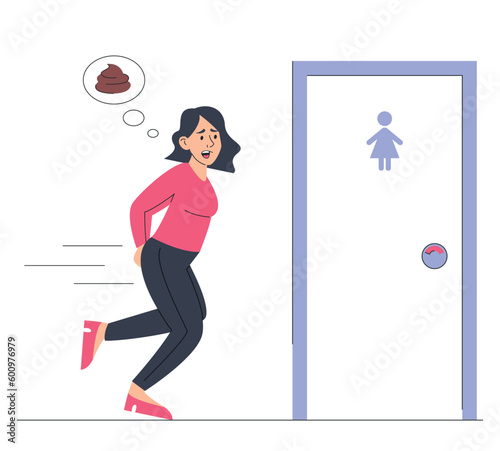 Woman with diarrhea rushing to the toilet vector isolated. Female character wants to poop. Problem with digestion, full belly. Food poisoning, stomach ache