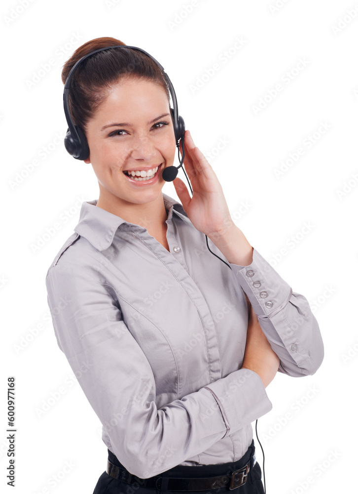 Call center, happy woman sales consultant with headset and in white background. Telemarketing or communication, customer service and portrait of smiling worker with headphones isolated in studio Call center, happy woman sales consultant with headset and in white background. Telemarketing or communication, customer service and portrait of smiling worker with headphones isolated in studio