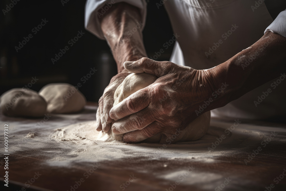 Unrecognizable Artisan baker kneading dough for bread. AI generative