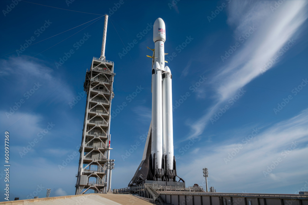 Generative Ai illustration of a Space X Falcon Heavy touching down in a controlled manner on landing pad Generative Ai illustration of a Space X Falcon Heavy touching down in a controlled manner on landing pad