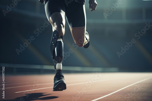 Man running with prosthesis on a stadium athletics track. AI generative