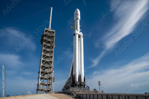 Generative Ai illustration of a Space X Falcon Heavy touching down in a controlled manner on landing pad