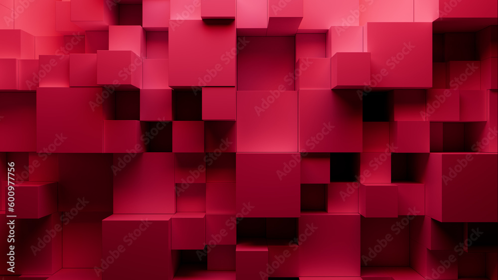 Neatly Aligned Multisized Cube Wall. Red, Modern Tech Background. 3D Render. Neatly Aligned Multisized Cube Wall. Red, Modern Tech Background. 3D Render.