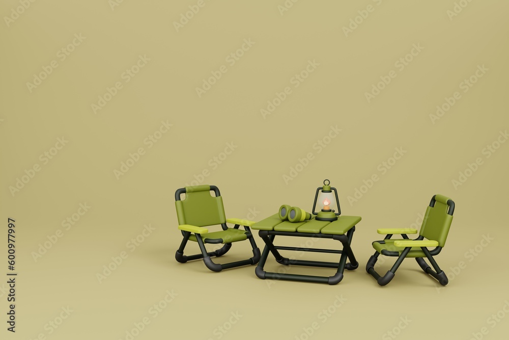 Campsite with camping chair and elements for camping, summer camp, traveling, trip, hiking. Minimal style 3d rendering. Campsite with camping chair and elements for camping, summer camp, traveling, trip, hiking. Minimal style 3d rendering.