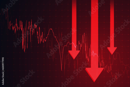 Economy crisis and stock market crash concept with moving down digital red financial chart candlestick and graphs and three big arrows on dark background. 3D Rendering photo