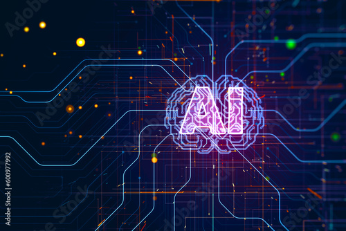 Artificial intelligence, machine learning and futuristic technology concept with digital pink ai sign and human brain symbol in form of processor on dark background with microcircuit. 3D rendering