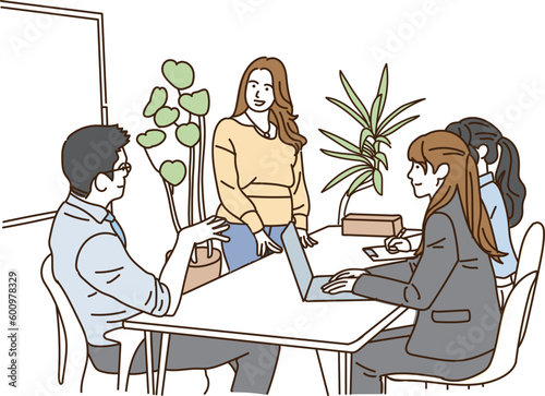 会議をする笑顔の男性と女性のビジネスマン
