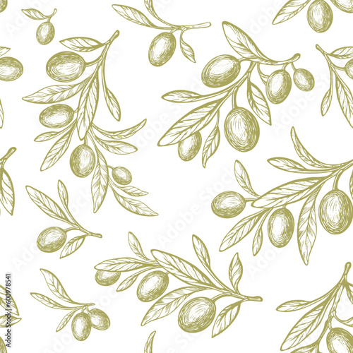 Olive print. Vector seamless plant and oil fruit