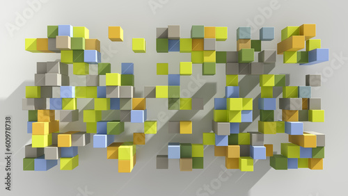 3d render illustration - Geometric background. Abstract wallpaper with brightly colored geometric 3D shapes. A lot of small cubes. Great for your design web or print projects.