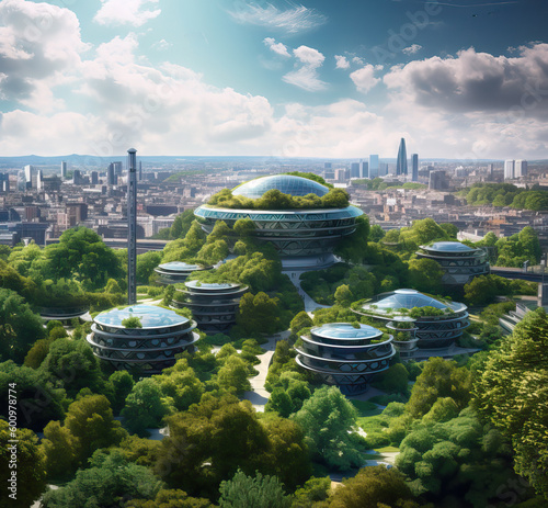 Cityscape in futuristic sustainable city with green spaces, Generative AI illustration © Goodwave Studio