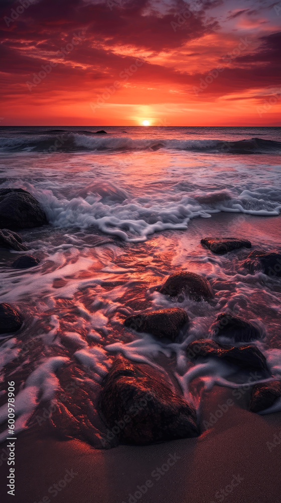 Obraz premium Colorful sunset over the beach with ocean waves. Generative AI