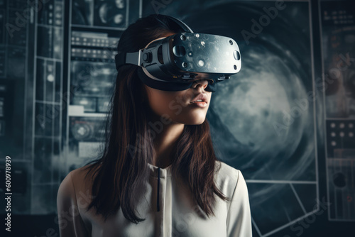 Office worker woman in vr helmet. Female using Virtual reality display in office tasks generative ai.