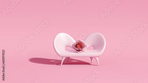 3D podium display, pastel pink background with rosie flowers. Pink bow tie armchair and glass vase. Minimal pedestal for beauty, cosmetic product. Valentine, feminine copy space template 3d render	
