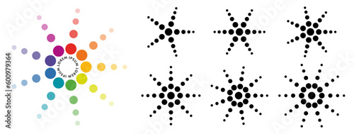 Small circles or dots arranged in star like shape, version with five ten rays, can be used as infographics element or part of logo