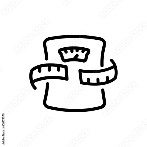 Bathroom Floor Scales with Tape Measure Line Icon. Weight Control Concept Linear Pictogram. Meters for Measuring Weight and Waist Outline Icon. Editable Stroke. Isolated Vector Illustration.