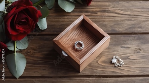 Open Wooden Box with Jewelry and Red Rose Floral on Plank Texture Table Top. Generative AI. photo