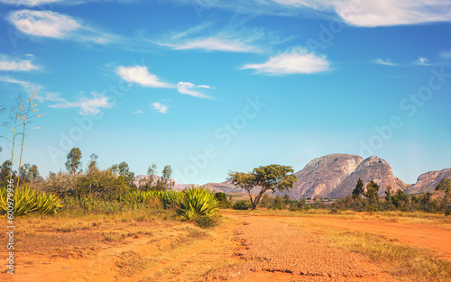 Red dust and mud road, small bushes and trees on sides and mountains - Andringitra massif - in background, typical scenery near Ambalavao photo