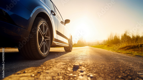 Close up of car on road with the sun in the background. Generative AI. © valentyn640