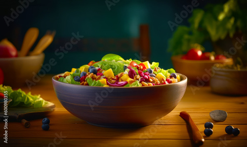 Bowl of salad on table with wooden spoon next to it. Generative AI.