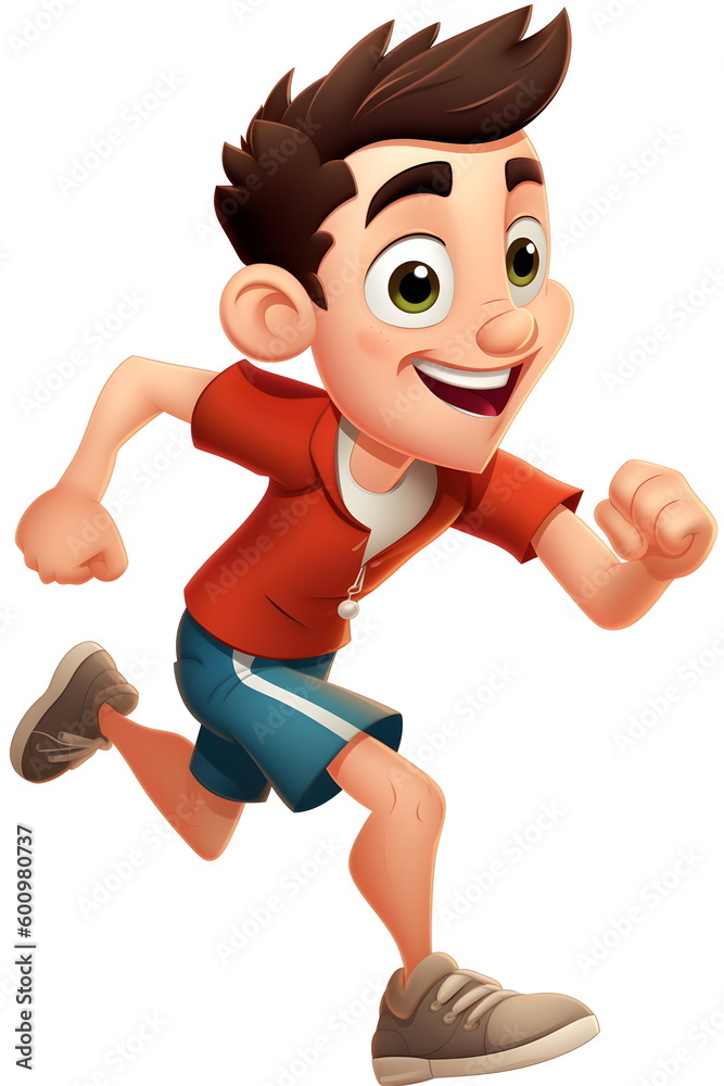 Cartoon boy running with smile on his face and smile on his face. Generative AI.