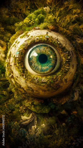 Close up of eyeball in the middle of plant covered ground. Generative AI.