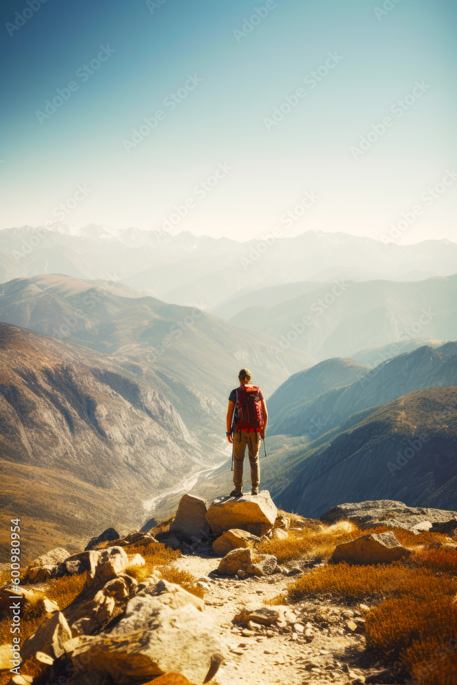 Man standing on top of mountain with backpack on his back. Generative AI.