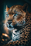 Close - up of leopard's face with blurry background. Generative AI.