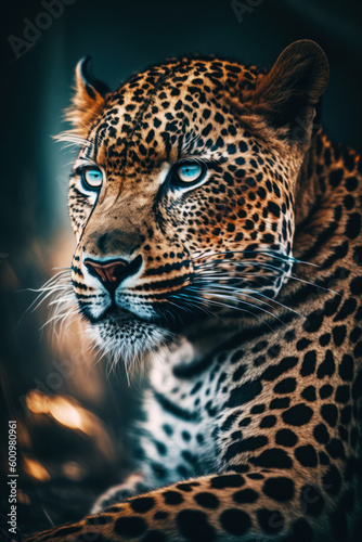 Close - up of leopard's face with blurry background. Generative AI.