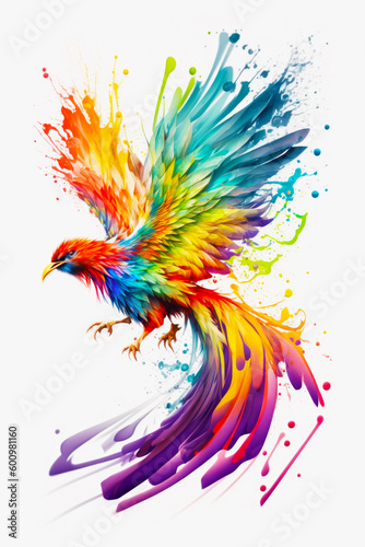Colorful bird painted in watercolors on white background with splash of paint. Generative AI.