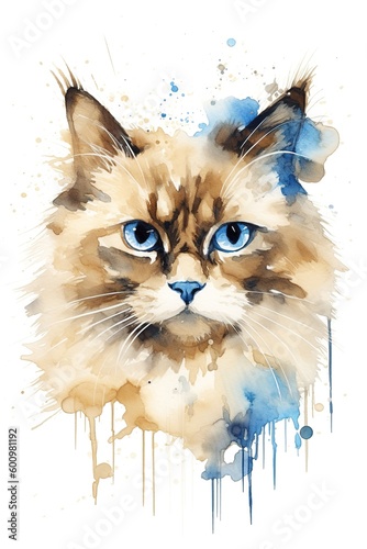 Generative ai illustration of ragdoll cat watercolor painting style isolated on white background