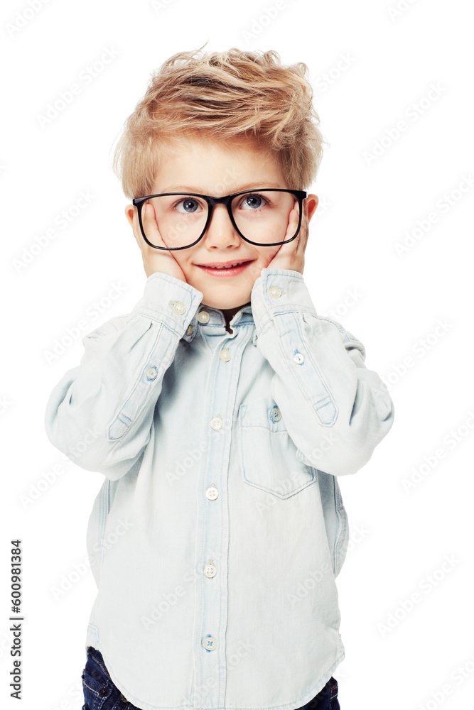 Cute, thinking and a little boy with glasses and a smile isolated on a white background. Happy, idea and a kindergarten child with student eyewear for intelligence and fashion on a studio backdrop