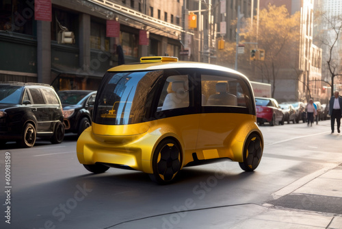 Generative Ai illustration of a Autonomous futuristic cab carrying a person on a city street