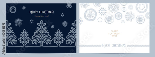 Abstract Christmas greeting banner or card. Lacy snowflakes decoration and Christmas tree on a dark blue background. New Year's design template with a window for text. Vector flat. Vertical format