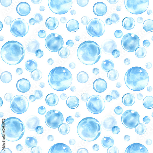 Light blue bubbles watercolor illustration. Hand drawn round transparent ball. Seamless pattern on white background. Suitable for soap, shampoo, cosmetics, packaging, design.