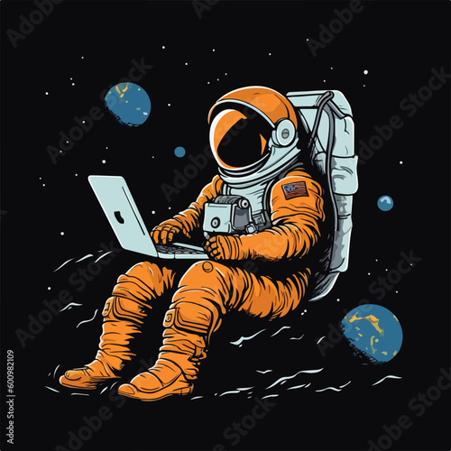 Astronaut in spacesuit working using laptop computer vintage badge logo vector illustration for t shirt and poster design