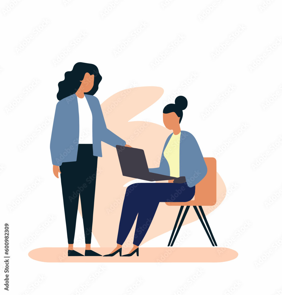 business people vector, business two woman vector working together, business woman meeting, woman in suit, Business woman brainstorming teamwork character coworking space office interior, illustration