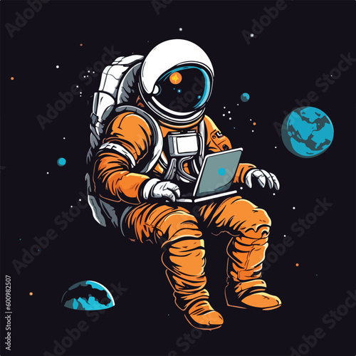 Astronaut in spacesuit working using laptop computer vintage badge logo vector illustration for t shirt and poster design