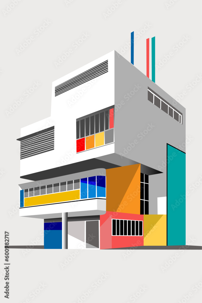Vector edificio Bauhaus de colores geométrico, arquitectura bauhaus cuadrada para portada, poster bauhaus decoración, fondo de pantalla bauhaus de colores llamativos con fondo gris