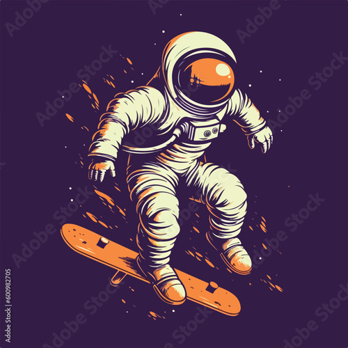 Astronaut skater character in spacesuit playing skateboard Vintage logo badge vector illustration for t shirt and poster design