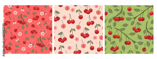 A set of patterns with cherries and flowers. Vector graphics.