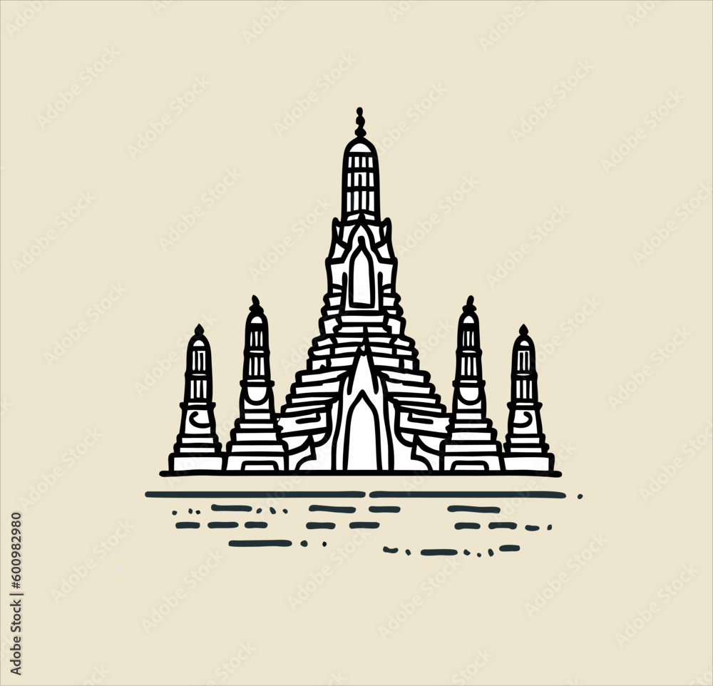 simple design, hand drawn, world famous Wat Arun Temple