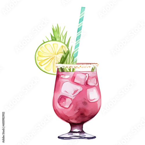 Summer colorful watercolor cocktail with lemon, ice and straw