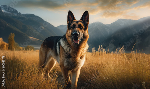 Morning Patrol: Photo of guide dog, a majestic German Shepherd, patrolling a grassy meadow at sunrise, with the majestic mountain range in the background. Generative AI photo